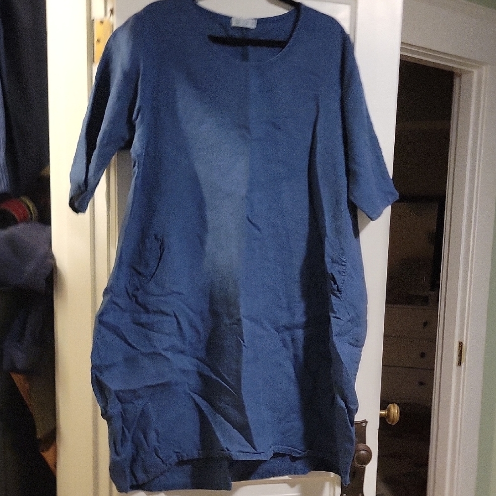 100% Lino Navy Blue Linen Tunic Dress Made In Italy - L